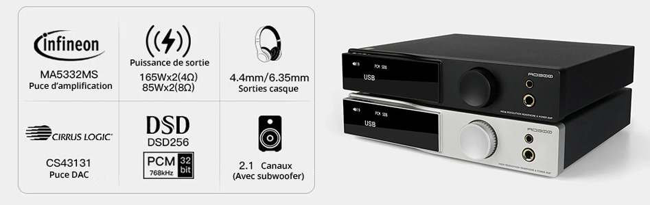 SMSL AO300 Amplificateur Class D MA5332MS Amplificateur Casque DAC CS43131 2x165W @ 4Ω 32bit 768kHz DSD256 MAQ-CD Noir